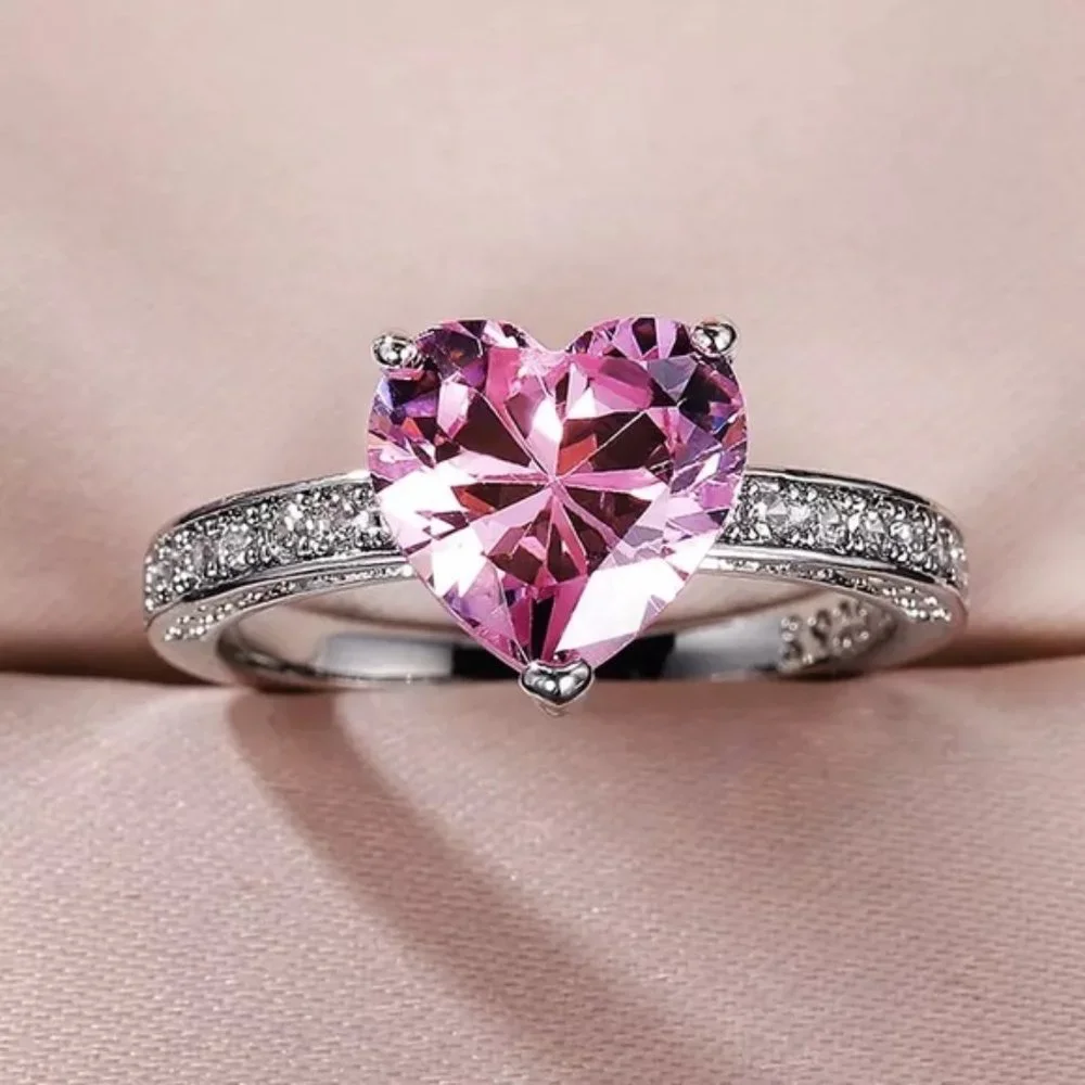 New Trendy Heart Shape Zircon Wedding Rings For Women Romantic Pink Engagement